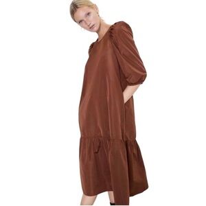 Zara Dress Copper Brown Size S Oversized Minimalist Puff Sleeve Pocket